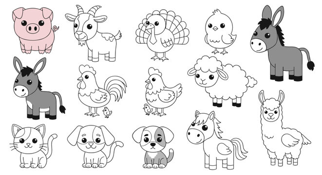 Farm Animals Illustration Set for Coloring Books and Kid's Education: Adorable Cartoon Characters in a Collection for Children's Designs, Farm Themed Projects, Preschool Learning, Cute Vector Art, Agr