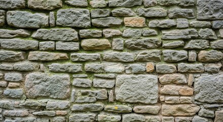Fototapeta premium Rustic aged stone background, weathered natural stone wall with moss hints and patina, muted sage gray and warm stone tones, soft overcast daylight, textured surface with smooth areas for copy