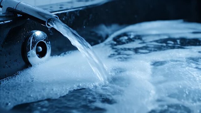 Close up of water filling a bathtub creating bubbles and foam in a blue toned bathroom
