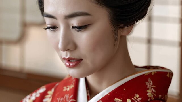 着物の質感と表情を強調した日本人女性の寄りポートレート