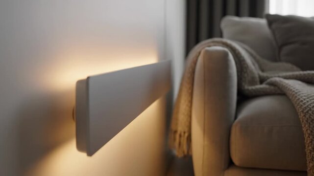Video Modern Heating Panel Installed in Softly Lit Room for interior architecture visuals, eco-friendly technology promotion, and climate solution storytelling in commercial media.