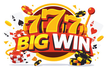 Colorful big win slot machine graphic with triple sevens and gambling elements surrounded by poker chips and playing cards
