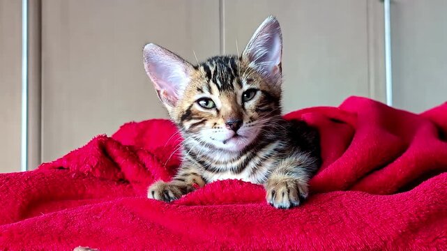 Beautiful stripe black cat leaning on red towel. Funny cat video in Riga, Latvia