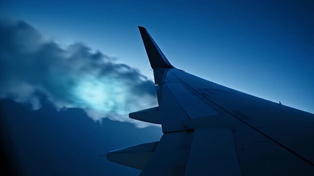 Airplane Wing Over Blue Sky Clouds at Dusk Sunset Aerial View