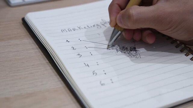 Close-up of a hand sketching a marketing plan diagram in a spiral notebook using a pen, showing numbered steps connected to a central idea on a desk workspace, representing business strategy and plann