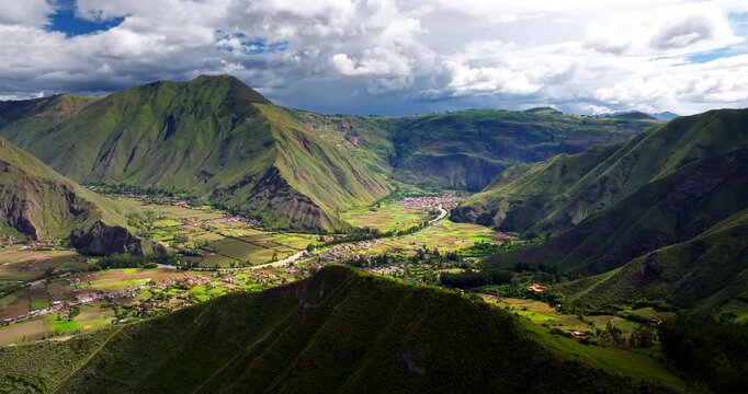High aerial view over Huayllabamba town in Sacred Valley of Urubamba, Peru