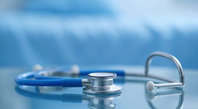 A stethoscope lies on a reflective surface in a medical setting for a healthcare video insurance and safety concept