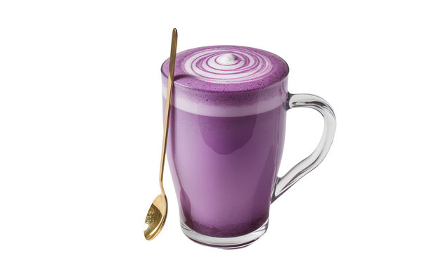 Isolated Purple latte or hot drink in a glass mug with a golden spoon and elegant foam art