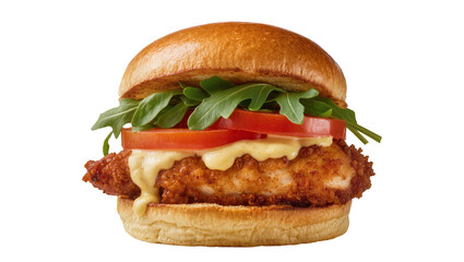 Isolated crispy fried chicken sandwich with fresh arugula, tomato, and creamy sauce on bun © Maria