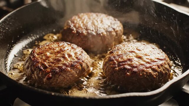 Video of frying pan burgers grilled patties cooking, top view, sizzling beef texture and gourmet food preparation concept for culinary branding.