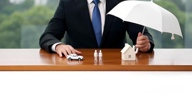 A businessman sitting at a desk with a car, family, piggy bank, and umbrella, symbolizing financial security and protection, in a video about insurance and investment. insurance and safety concept