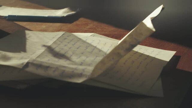 Cinematic warm shadows from veiled curtains move across an old handwritten letter. Evokes themes of lost memories, mystery, and passing time.