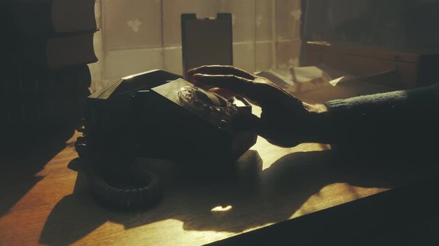 Tense close-up of fingers tapping in anticipation on a sunlit desk next to a vintage phone. Concept of waiting for news or a stressful call.