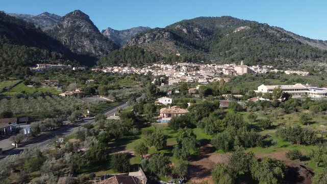 Flying low towards the village of Caimari, with the Tramuntana mountain range in the background. Mallorca, Spain.