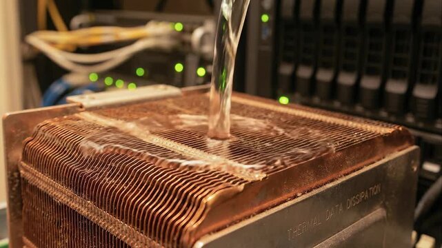 Data center energy consumption liquid immersion cooling concept with old copper heat sink dust on metal fin structure closeup in high density server rack computer hardware environment
