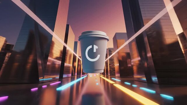 Conceptual coffee carry city interpretation where a floating takeaway cup moves through an abstract urban landscape of simplified geometric skyscrapers, glowing linear paths beneath symbolizing daily