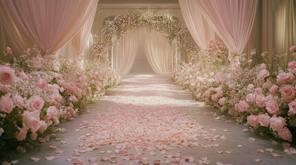 Naklejka premium Elegant Wedding Aisle Decorated with Rose Petals and Flowers