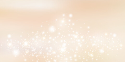 Beige gradient background with golden bokeh and glitter particles creating luxurious sparkle effect on cream texture with champagne dust overlay and abstract glow. Vector illustration. © Narin
