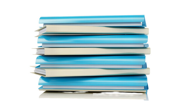 Isolated stack of neatly organized blue and cream colored binders for office supplies.