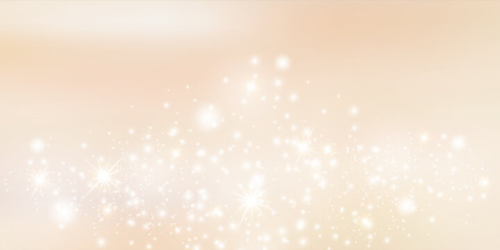 Beige gradient background with golden bokeh and glitter particles creating luxurious sparkle effect on cream texture with champagne dust overlay and abstract glow. Vector illustration.