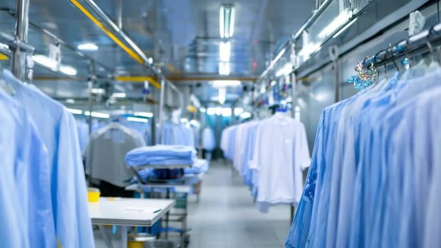 Shirts hanging in laundry factory, dry cleaning production line