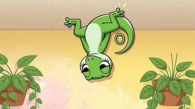 Animated Green Gecko Character Climbing on Wall with Potted Plants Cartoon Style.