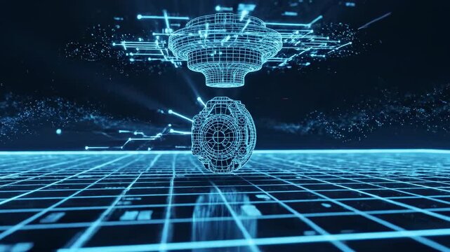 Video of Digital Twin Concept &ndash; Mirrored model animation, tech grid, smart industry simulation and data-driven innovation theme for advanced technology branding.