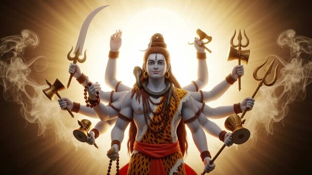 Lord Shiva the Destroyer with multiple arms holding various divine weapons emanating powerful light and smoke a symbol of cosmic energy and spiritual devotion