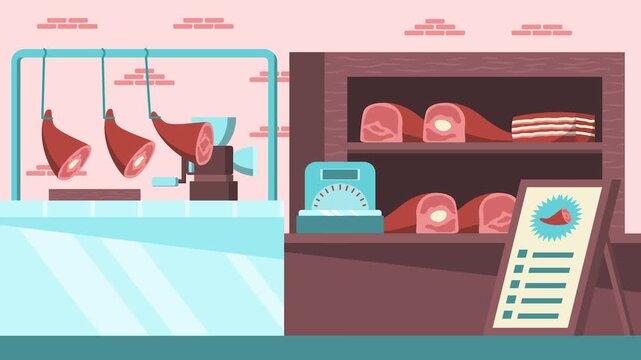 Butcher Shop Interior Flat Design Meat Display Cash Register Menu Board Ham Cuts Hanging Meat