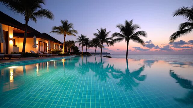 Tranquil evening scene of a luxurious infinity pool reflecting palm trees and a vibrant sunset sky at a tropical resort near the ocean in a serene coastal setting