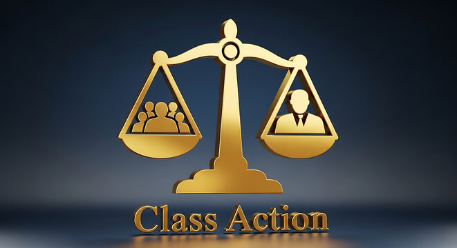 Golden Class Action Icon Featuring Symbolic Scale of Justice and Bold Typography for Legal Concept Representation in Judiciary Lawsuits and Collective Litigation Illustration