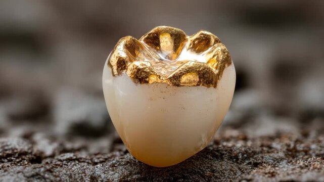 Gold dental crown sitting on rough texture surface
