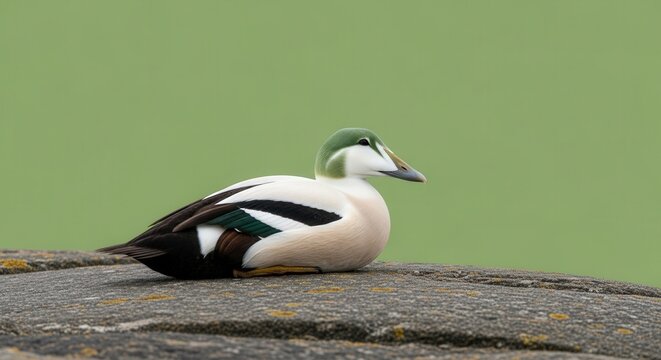 Elegant Smiling Smew Duck Resting on Rocks by Tranquil Water