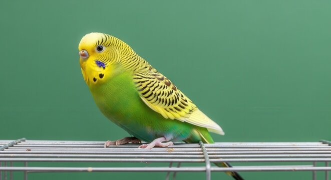 Close-up of a Bright Yellow and Green Budgerigar Perched on a Cage Bar
