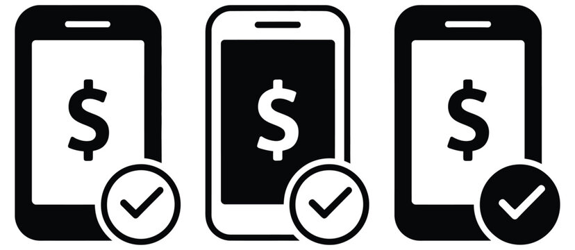 Mobile, phone icon featuring dollar money and checklist symbols, representing digital payment confirmation, transaction success, and financial verification concept, modern flat vector
