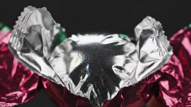 Video of Candy Wrapper Open &ndash; foil tear motion with glossy reflections, confectionery packaging reveal concept, snack branding and product launch background for advertising, metallic candy wrapper