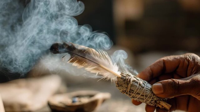 Hand holding burning sage bundle with feather smudging