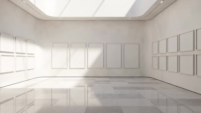 Modern Poster Frame Showcase \'97 architectural interior branding mockup, expansive minimalist room with multiple evenly spaced empty frames aligned in a grid formation, diffused skylight