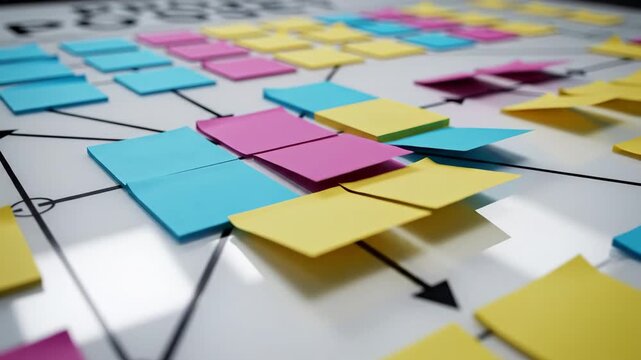 Video of project planning board filled with organized sticky notes and timeline markers, agile workflow concept, creative agency strategy session background for marketing and tech visuals.