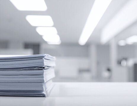 Neatly stacked white documents on a desk symbolize workload, corporate organization, and office productivity. This minimalist highkey photo is ideal for business or administrative themes.