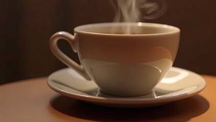 Fototapeta premium Steaming ceramic coffee cup and saucer with warm brown background, close-animated movie shot