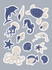 Naklejka premium Marine life sticker set with sea animals and shells. Flat vector ocean collection.