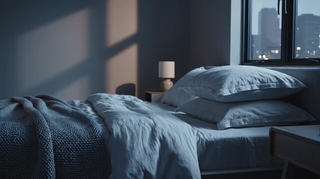 Tranquil Night Bedroom Scene \'97 stylized calm sleeping room at blue hour with dim indirect lighting washing over soft fabric textures, neatly arranged pillows and folded throw at the foot of
