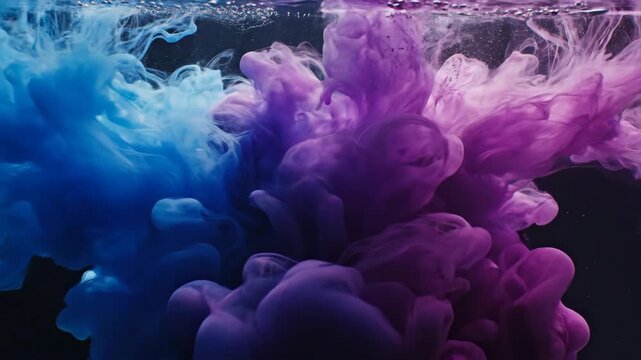 Liquid Color Bloom \'97 vibrant blue and magenta pigments colliding and diffusing in water within a dark studio environment, backlit to create glowing translucent gradients and luminous edges,