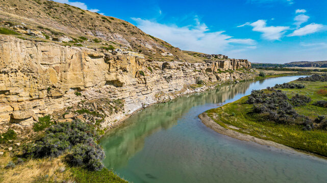Aerial view of Milk River and hoodoos at Writing-on-Stone Provincial Park