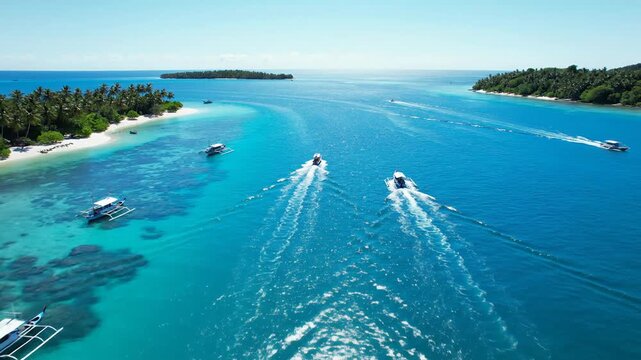 Aerial view Boats navigate clear turquoise waters, leaving white wakes between tropical islands under blue sky, perfect for summer travel and island exploration
