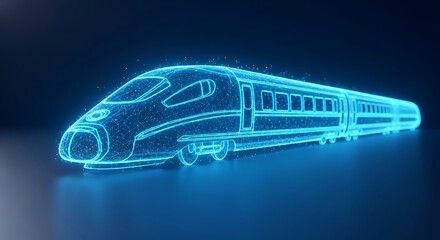 Fototapeta premium Futuristic high-speed train represented as a glowing neon blue digital wireframe on a dark background, symbolizing advanced technology and transportation.