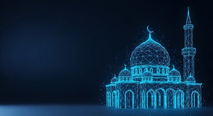 Obraz premium Digital geometric mosque structure with glowing blue lights on dark background, futuristic Islamic architecture concept