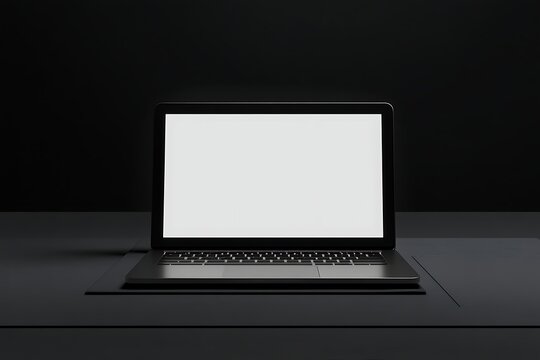 Black Laptop on Dark Desk Minimalist Setup.