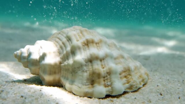 Video of seashell on seafloor in a minimal ocean still life scene, tranquil marine background, coastal nature concept, serene underwater aesthetic, beach inspired design element.